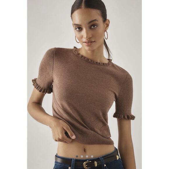 Paige Triste Short Sleeve Ruffle Sweater Taupe Wool Blend Women's Sz XS NWT - Picture 1 of 9